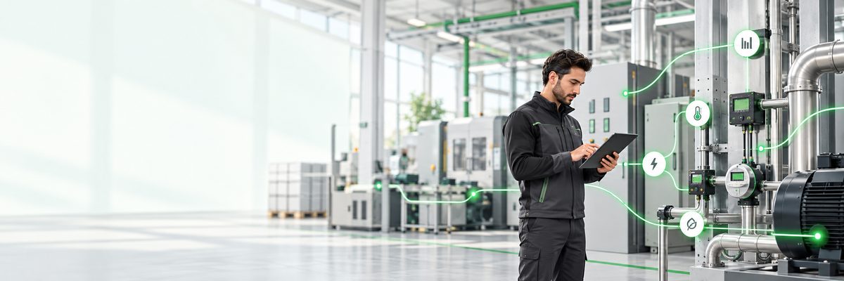 Energiamérnök táblagéppel ellenőrzi egy üzem energiamérési adatait
