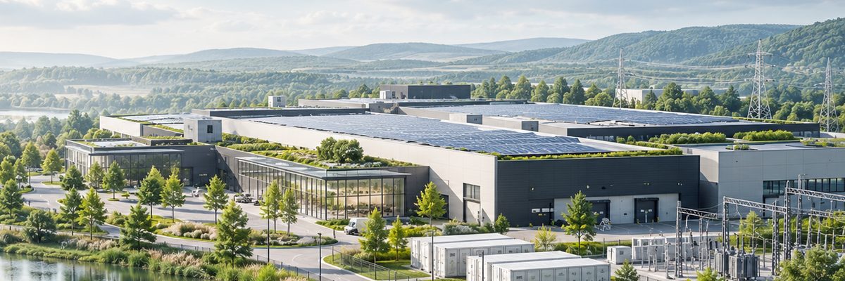Ipari telephely napelemes zöldtetőkkel és energiatárolókkal, természetes környezetben