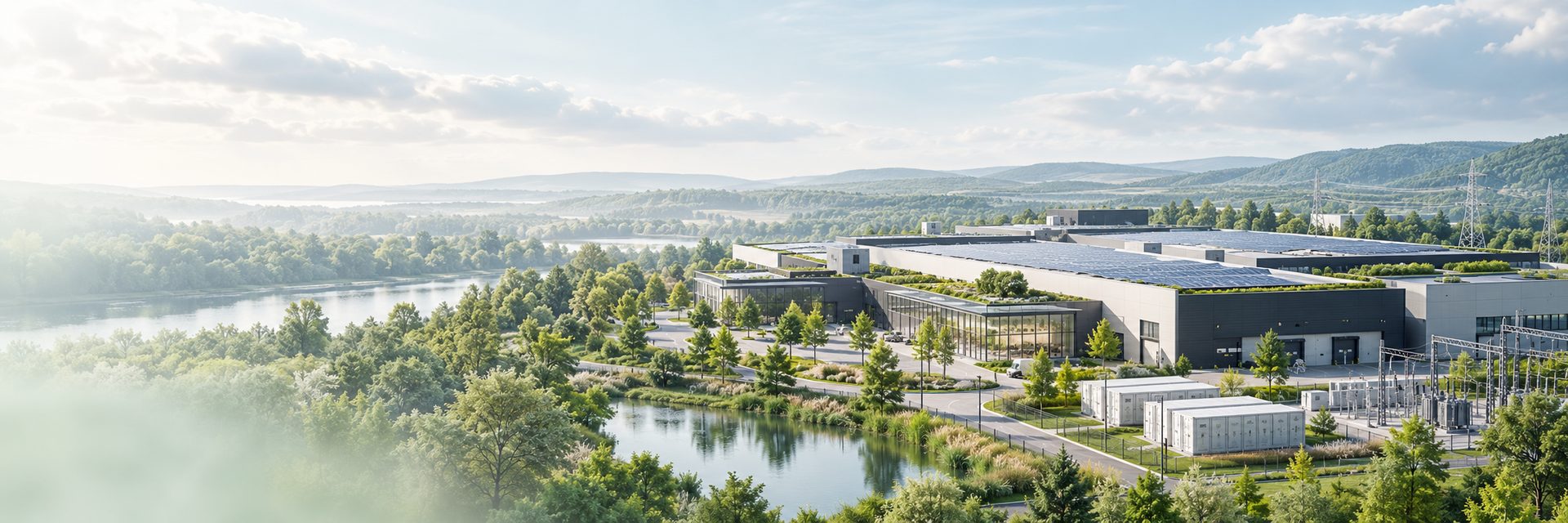 Fenntartható ipari telephely napelemes tetőkkel, energiatárolóval és zöld környezettel